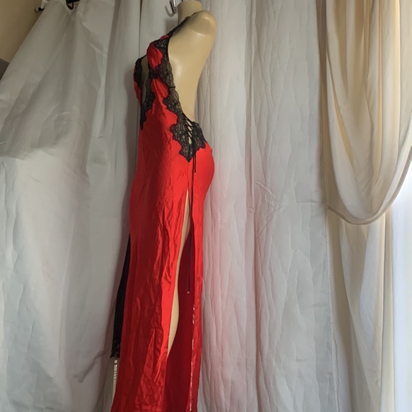 Victoria’s Secret Red Silk Black Lace Trim Halter Lingerie/Slip Dress M - Picture 5 of 11